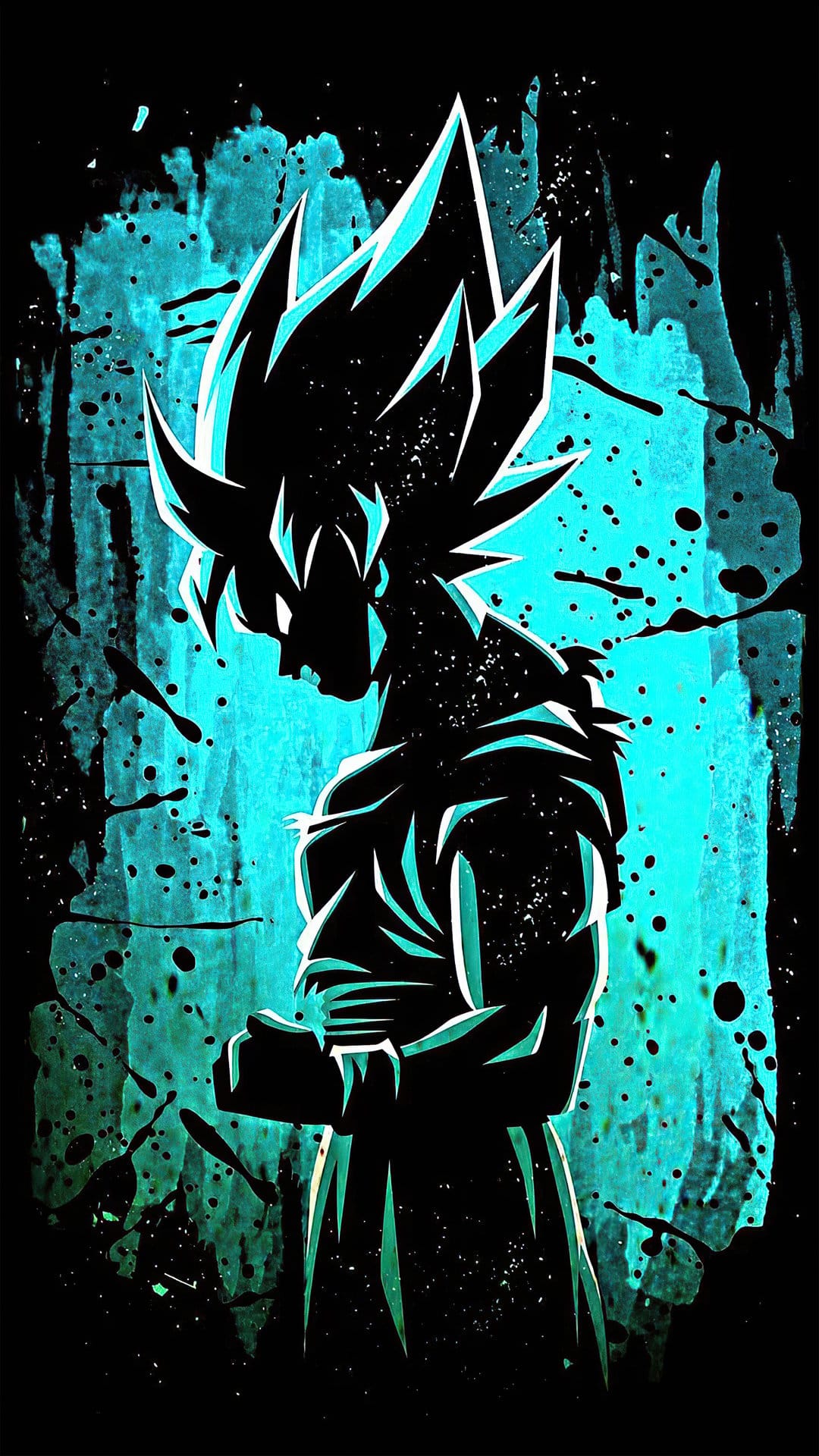 Goku silhouette with a radiant aqua energy outline and teal splatter effects against a dark background.