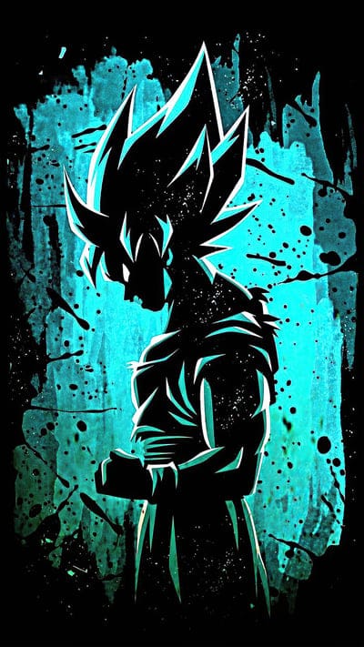 Goku, Dragon Ball Super, Ultra Instinct, UI, Silhouette, Aqua Glow, Teal, Blue, Grunge Art, Splatter, Neon Effect, Anime, Manga, Fan Art, Power, Aura, Saiyan, Digital Art, Wallpaper, Minimalist, Dark Background