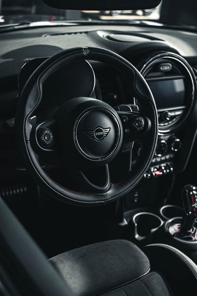 mini, car, steering wheel, seats, salon, black, mobile wallpaper, android wallpaper, iPhone wallpaper, phone wallpaper