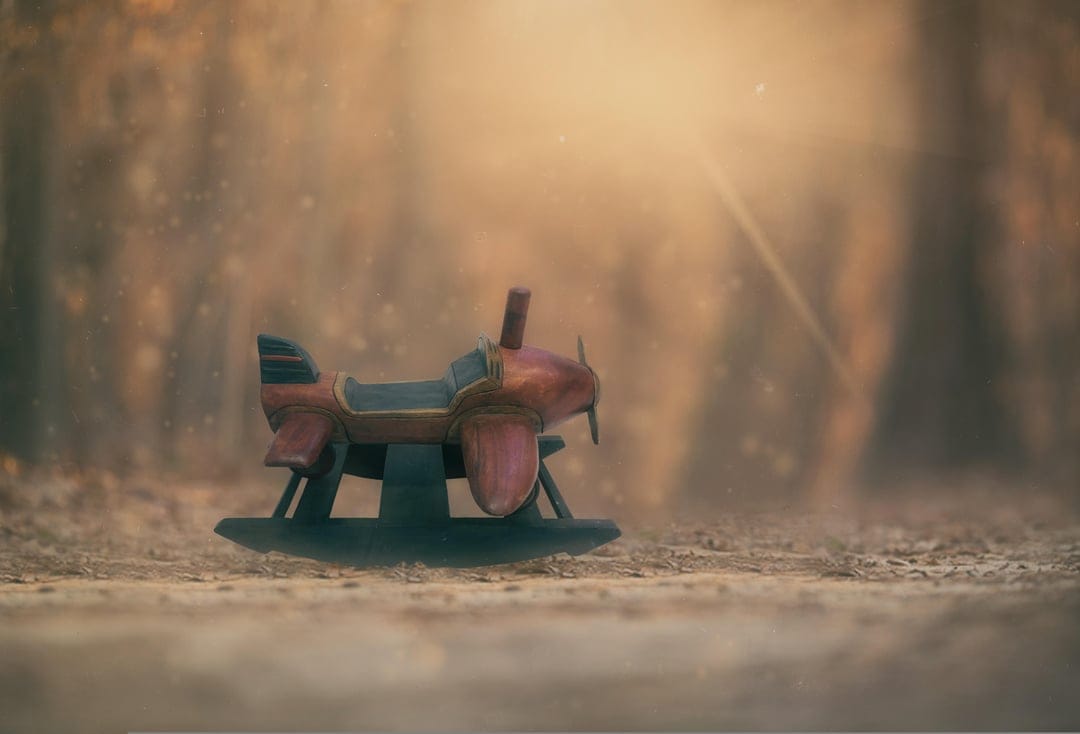 Wooden rocking airplane toy sits on a sunlit forest floor surrounded by golden autumn light and soft bokeh.