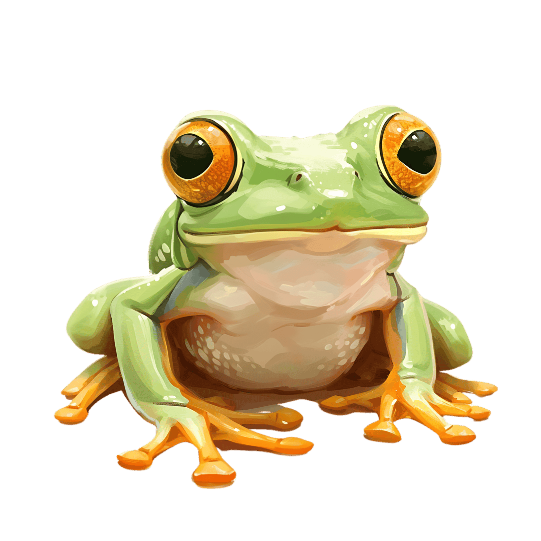 Green tree frog with large orange eyes sits against black, showing bright orange toes and moist skin texture.