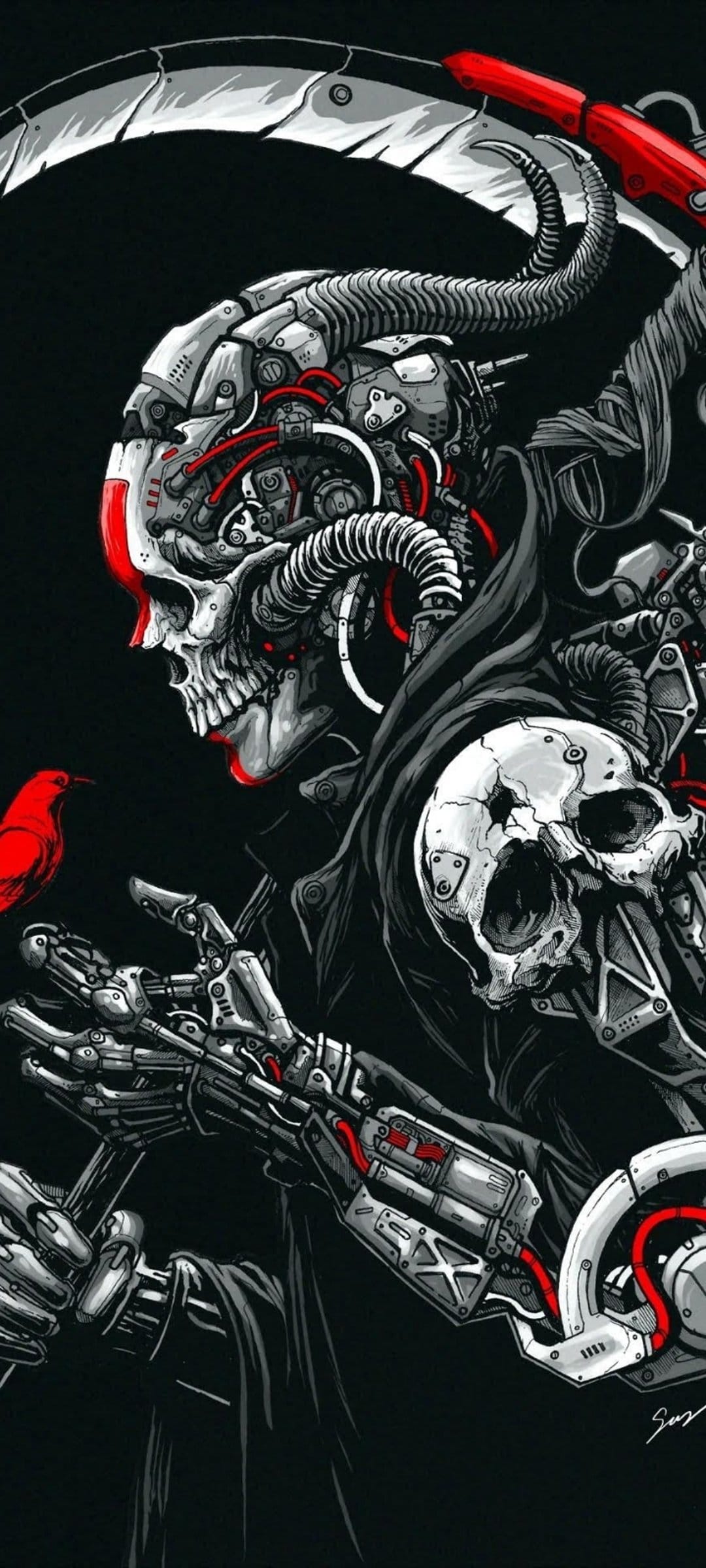 Hooded mechanical reaper holding a large scythe and a red bird next to a metal skull against a dark backdrop.