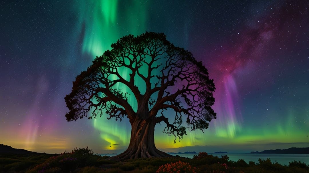 Silhouette tree under swirling green and purple aurora borealis lights in a dark, star-filled night sky.