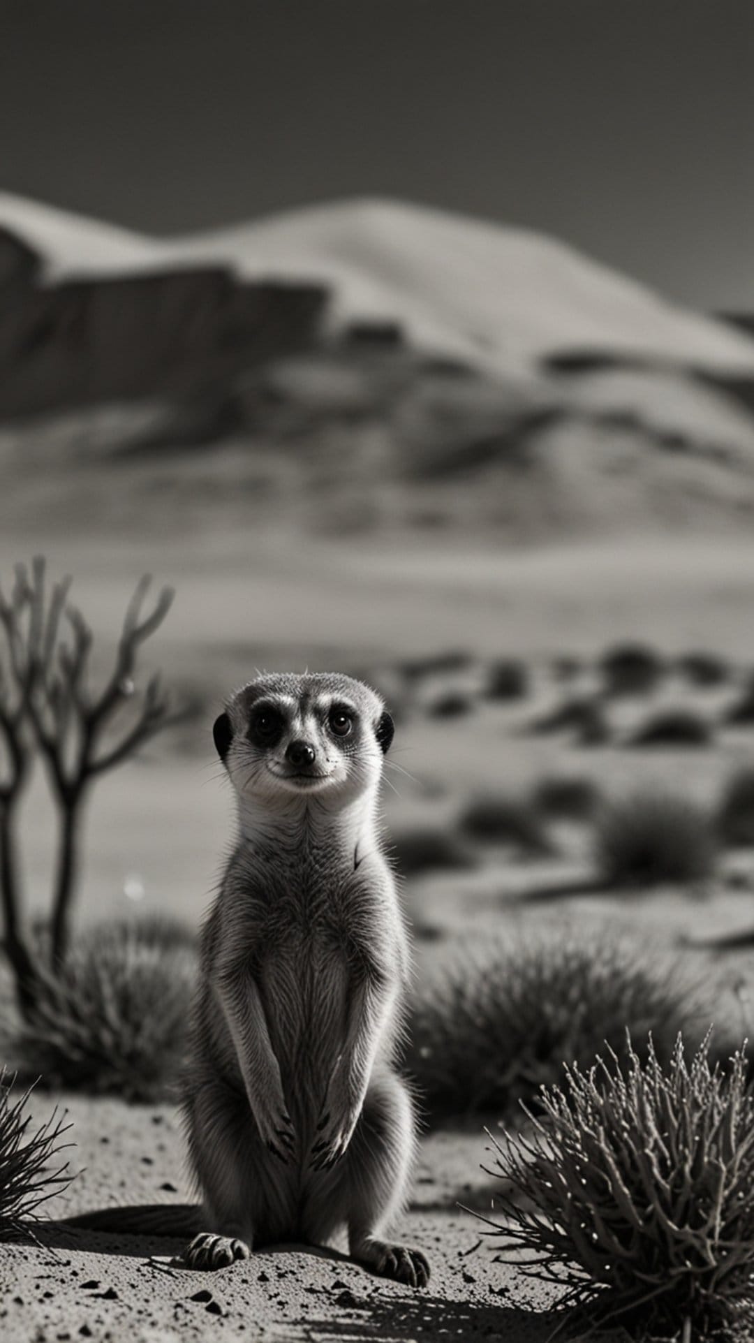 A meerkat stands upright on its hind legs in a stark, black and white desert landscape with distant hills.