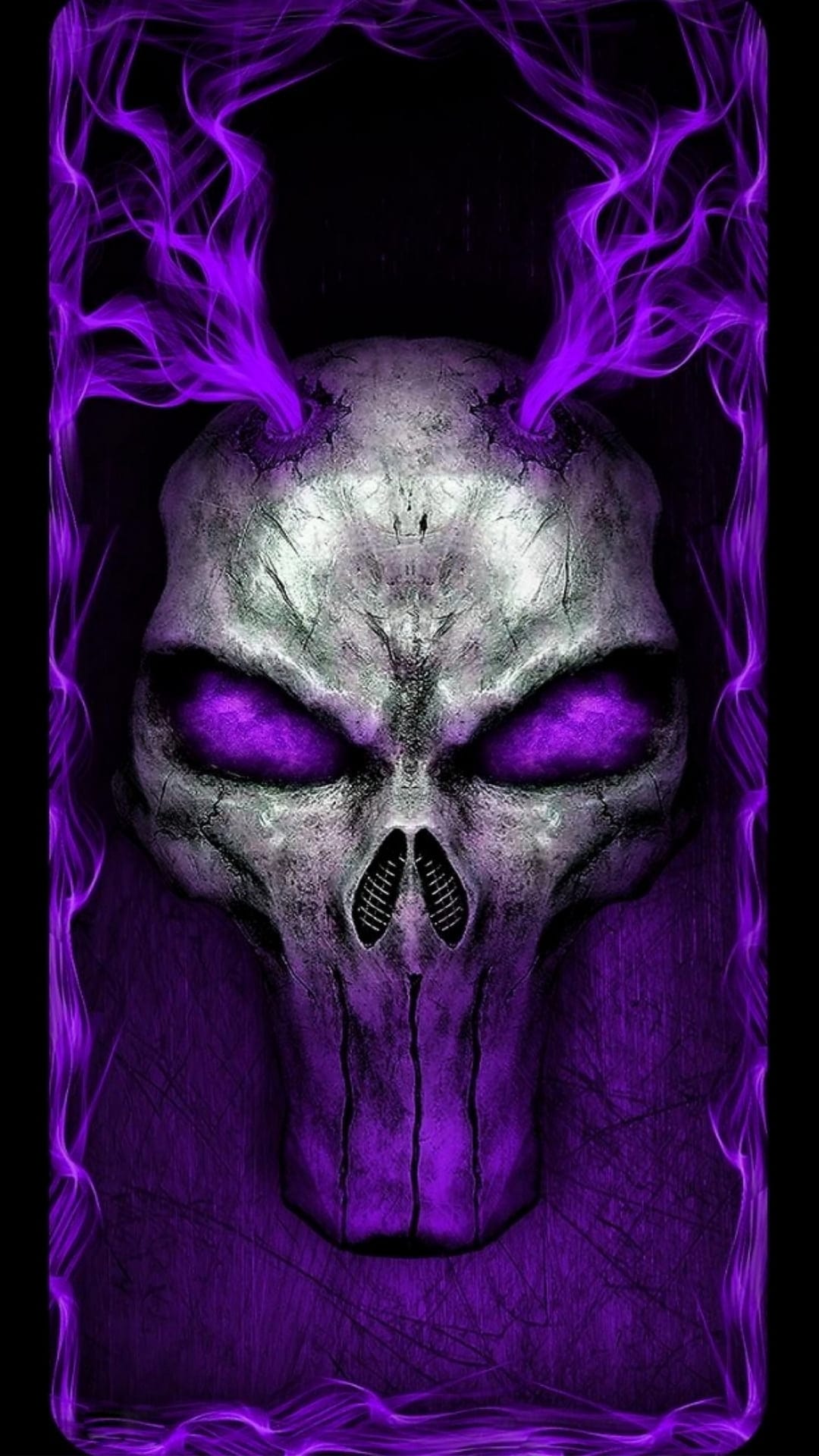 Weathered metallic skull with glowing purple eyes and swirling violet smoke against a dark black background.