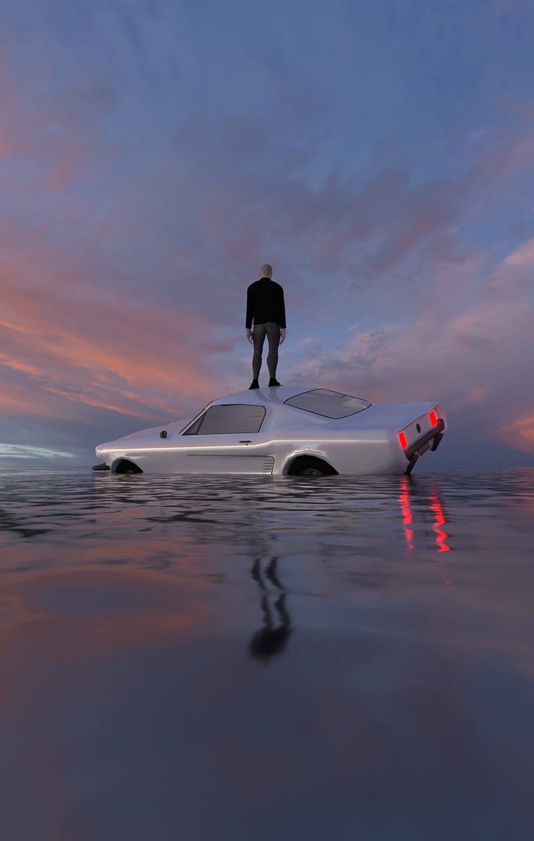 Man standing on a white classic car sinking into calm water under a purple and orange sunset sky at twilight.