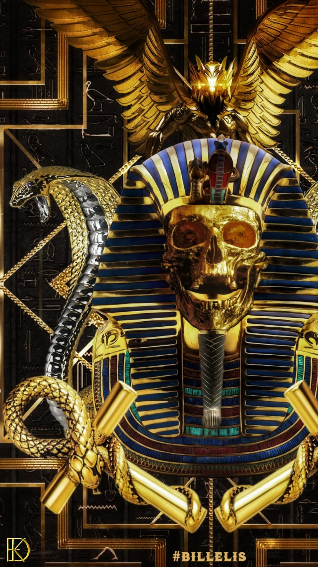 Golden skull wearing a pharaoh headdress inside an ornate sarcophagus with spread wings and a central ankh symbol.