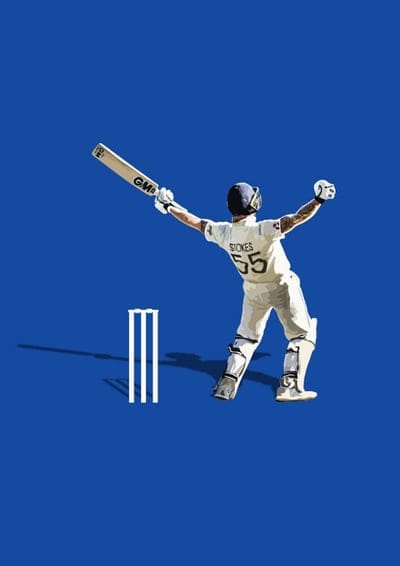 cartoon, digital art, illustration, cricket, cricket player, celebration, sports, athlete, male, white uniform, stokes, number 55, cricket bat, stumps, shadows, vibrant blue, solid background, sports art, graphic design, sports illustration, cricketer, dynamic pose, victory, joyful, full body, action shot```