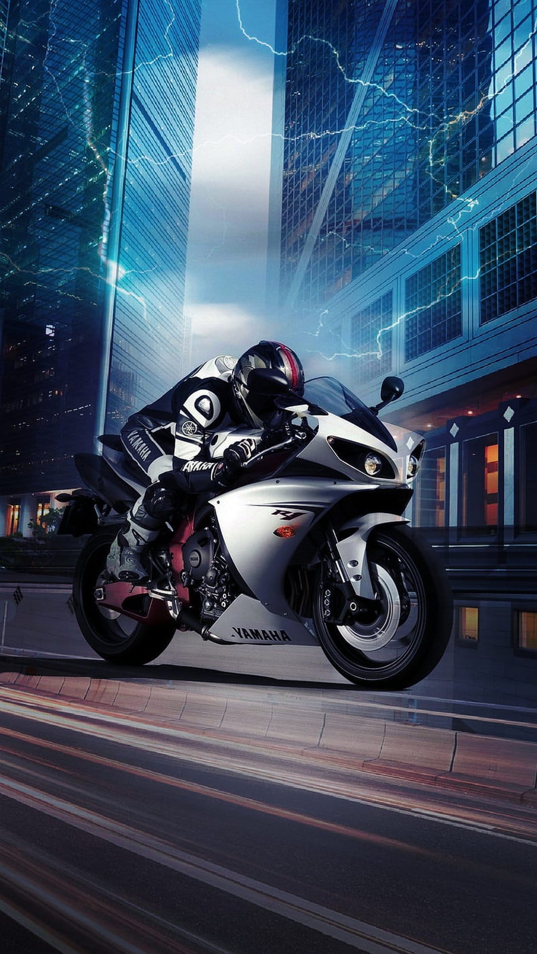 Motorcycle rider leaning into a turn on a wet city street at night under bright jagged lightning streaks.