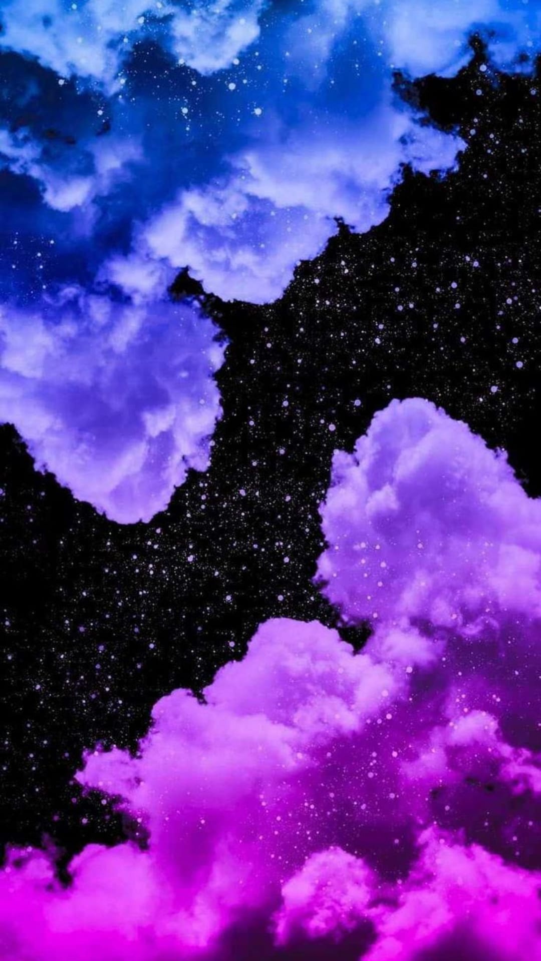 Luminous pink and purple nebular clouds shimmer with scattered white stars across a dark vertical starfield.