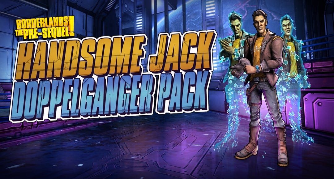 Handsome Jack Doppelganger with digital clones in a sci-fi space station with blue and purple neon lighting.