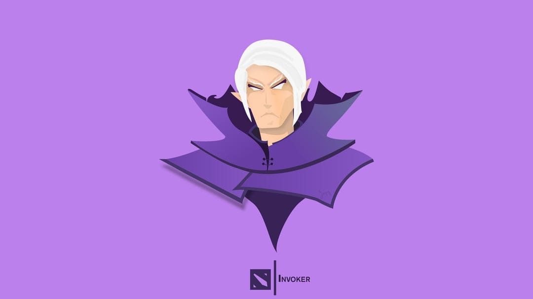 Invoker from Dota 2 with white hair and purple robes centered on a solid lavender purple background.