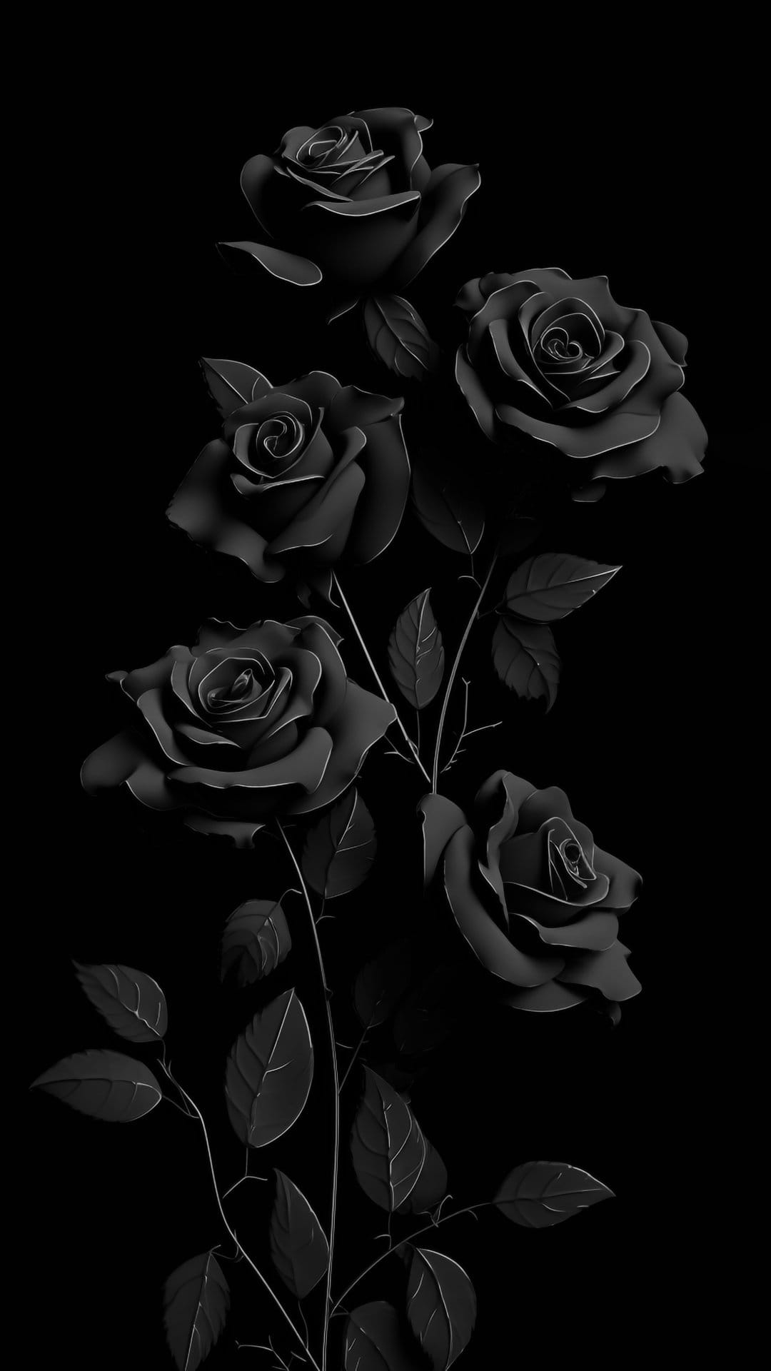Dark roses with detailed petals stand out in high contrast against a solid black background in a vertical layout.