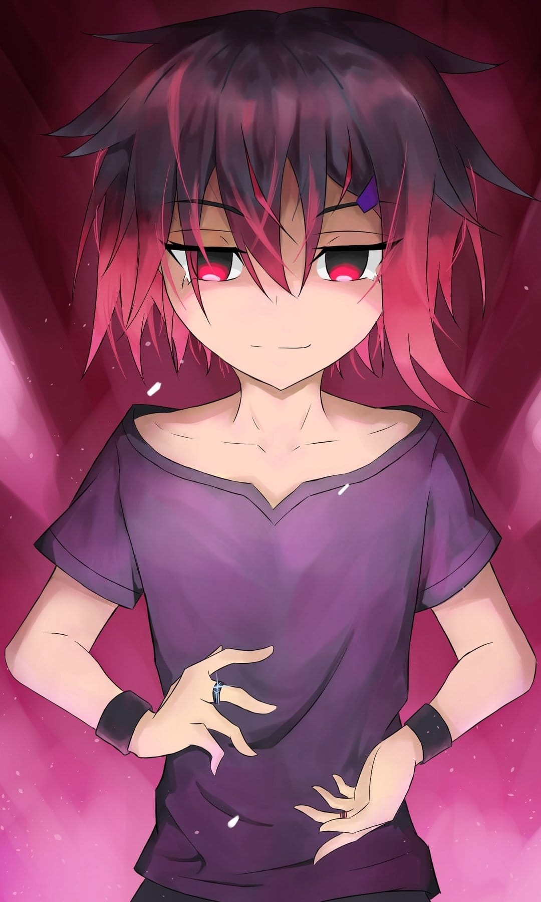 Anime girl with spiky pink and black hair, glowing red eyes, and black wristbands against a soft pink backdrop.