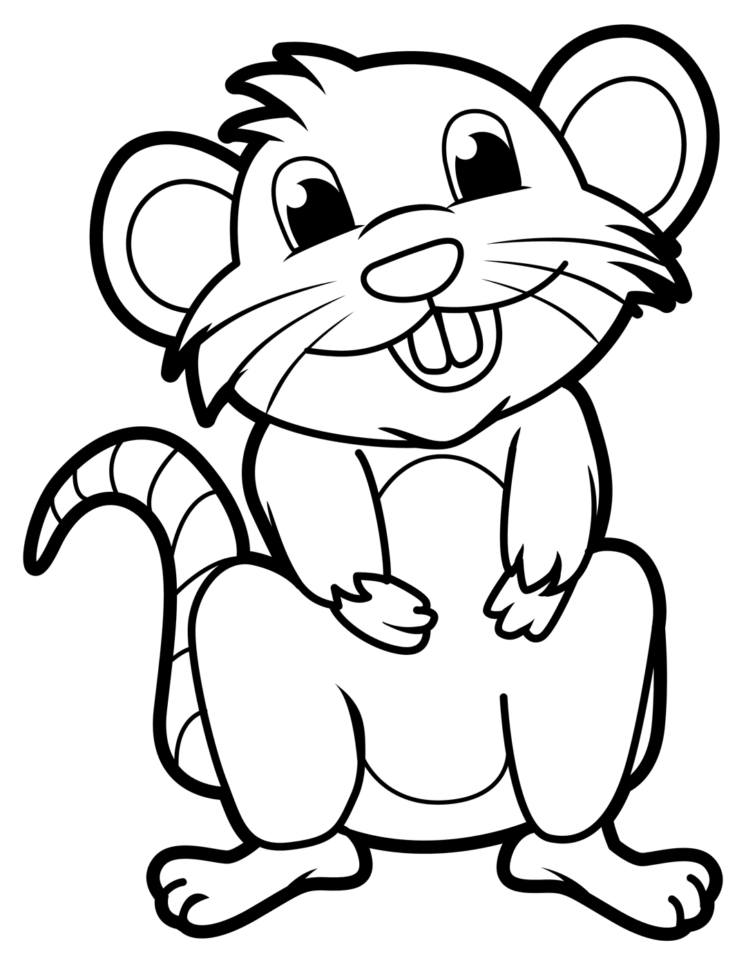 Rat coloring page line art illustration featuring a smiling rodent with large ears and a long striped tail.