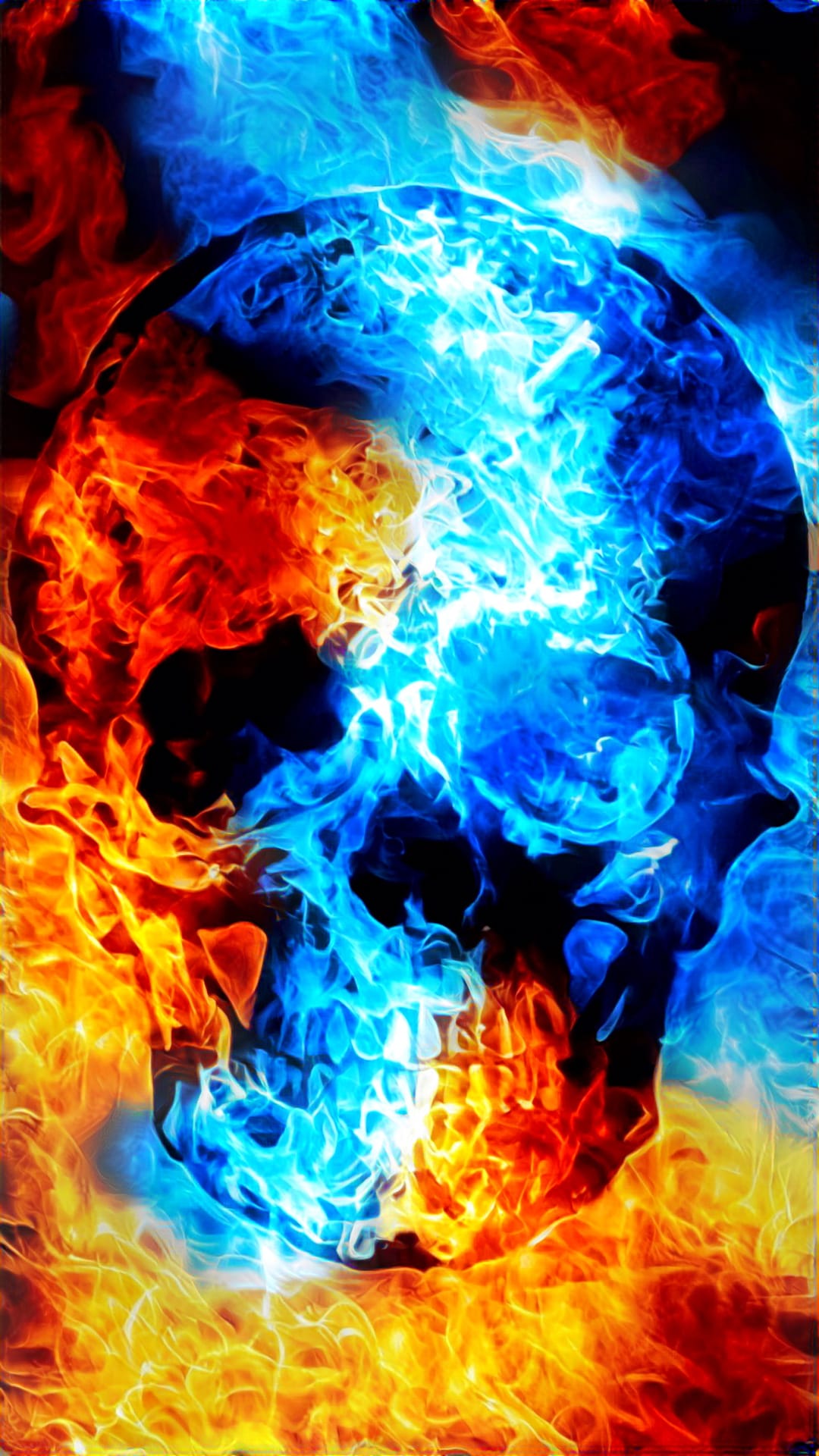 Skull facing forward with bright orange flames on the left and icy blue fire on the right against a dark background.