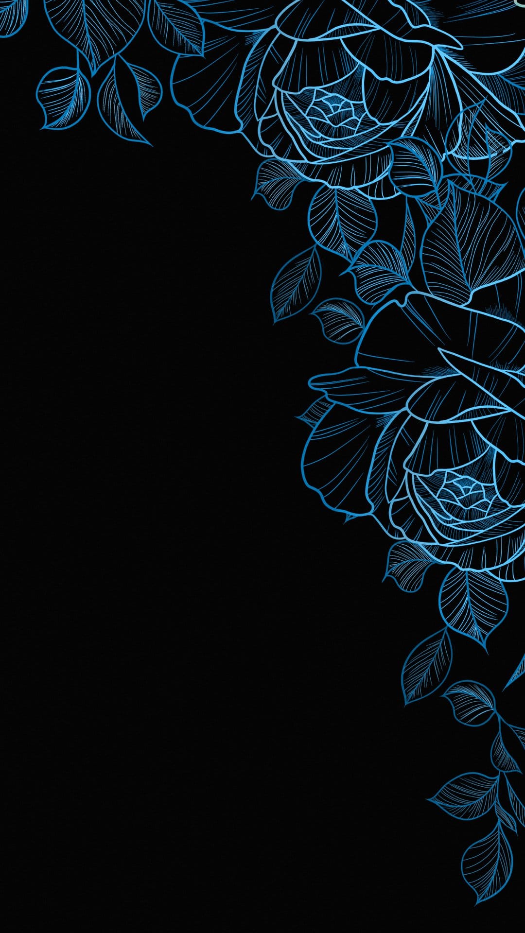 Blue line art roses and leaves with glowing contours are centered on a deep black, minimalist background.