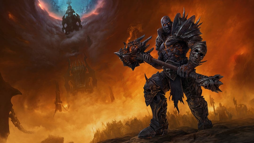 Scorched warrior in spiked armor holding a massive mace on a fiery battlefield with a dark tower and blue rift.