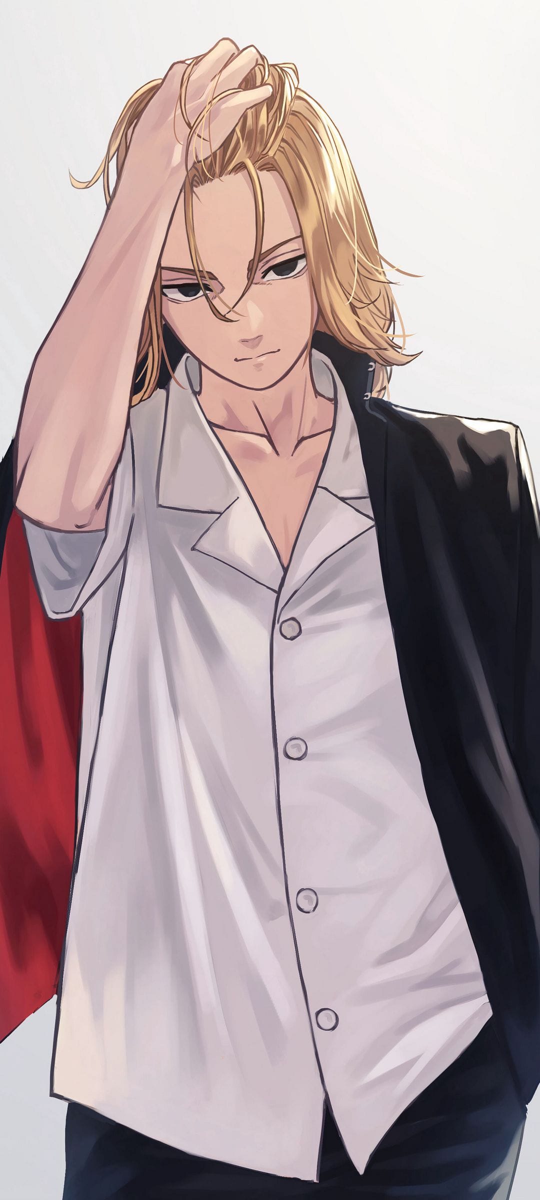 Blonde male character brushes hair back with his hand, wearing a dark blazer over a collared white shirt.