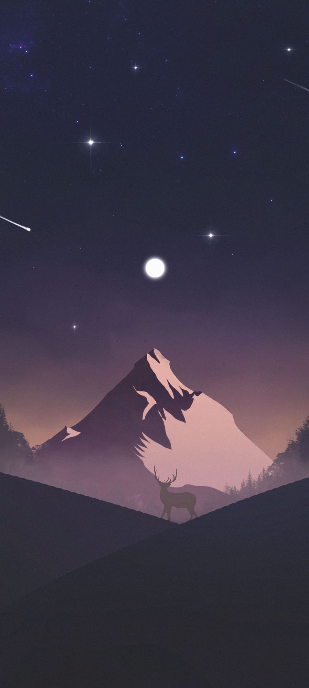 Deer silhouette stands on a rocky ledge before a tall mountain peak under a starry sky with a bright moon.