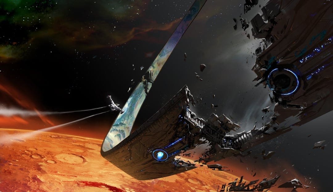 Broken orbital ring structure floating above a red planet with a small spaceship in deep space.