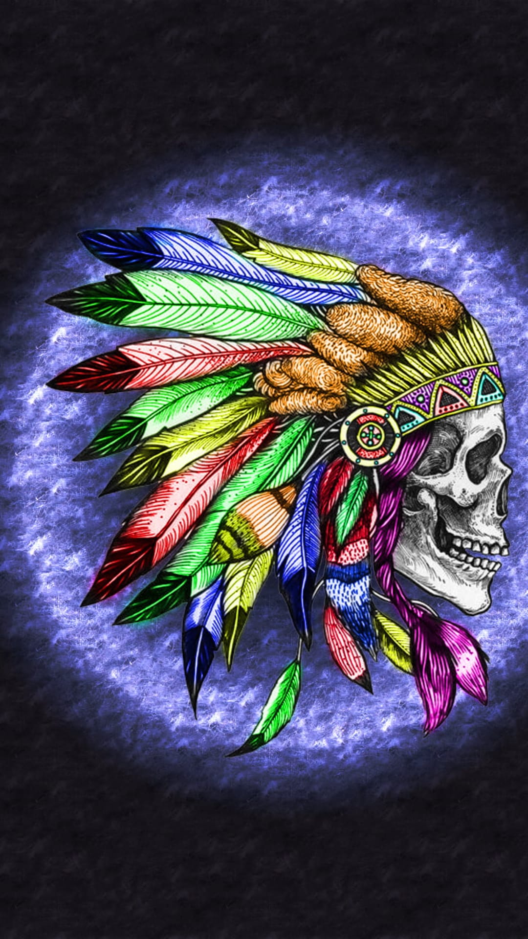 Human skull wearing an intricate multicolored feather headdress against a smoky purple textured background.