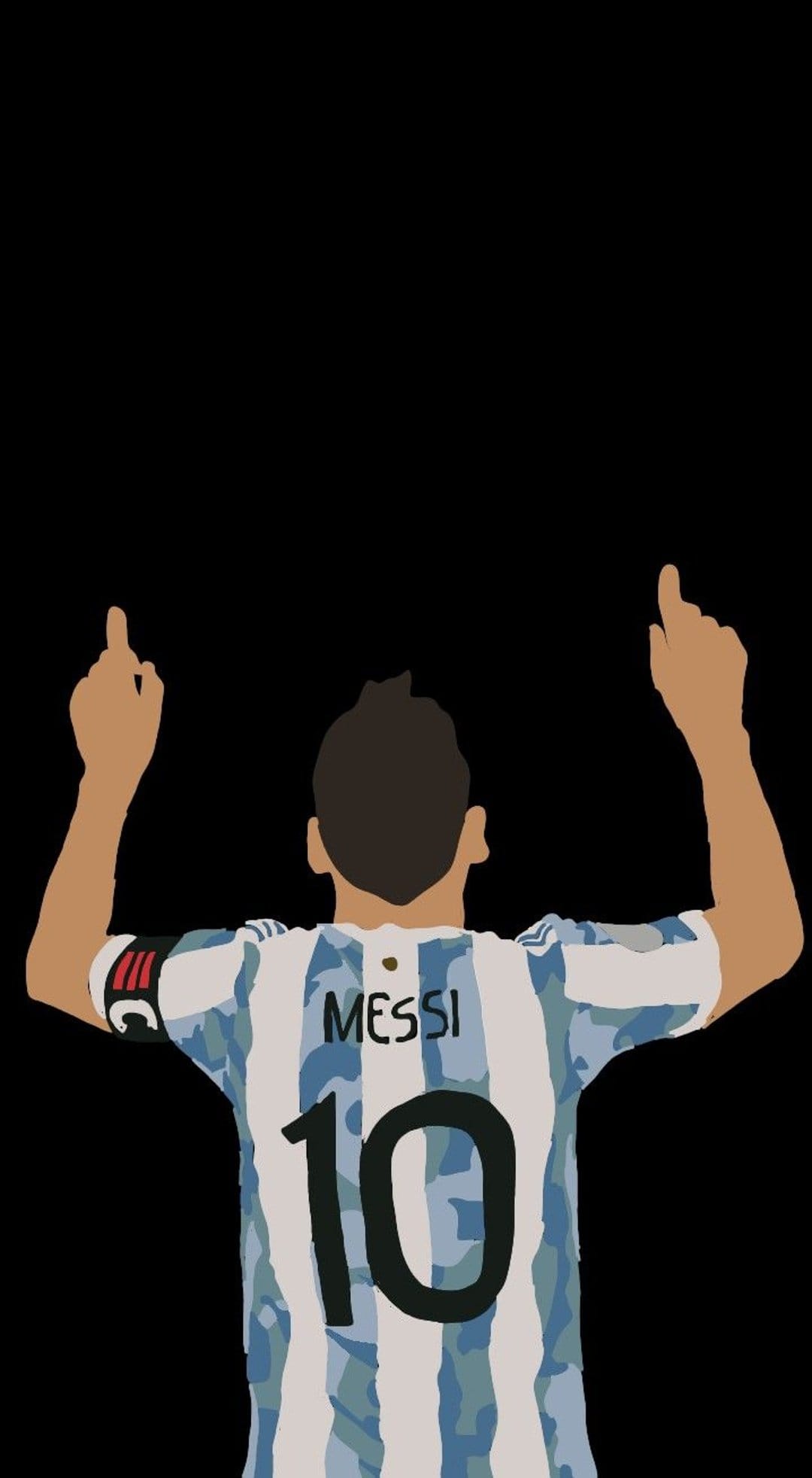 Lionel Messi stands from behind in a number 10 Argentina jersey with arms raised against a black background.