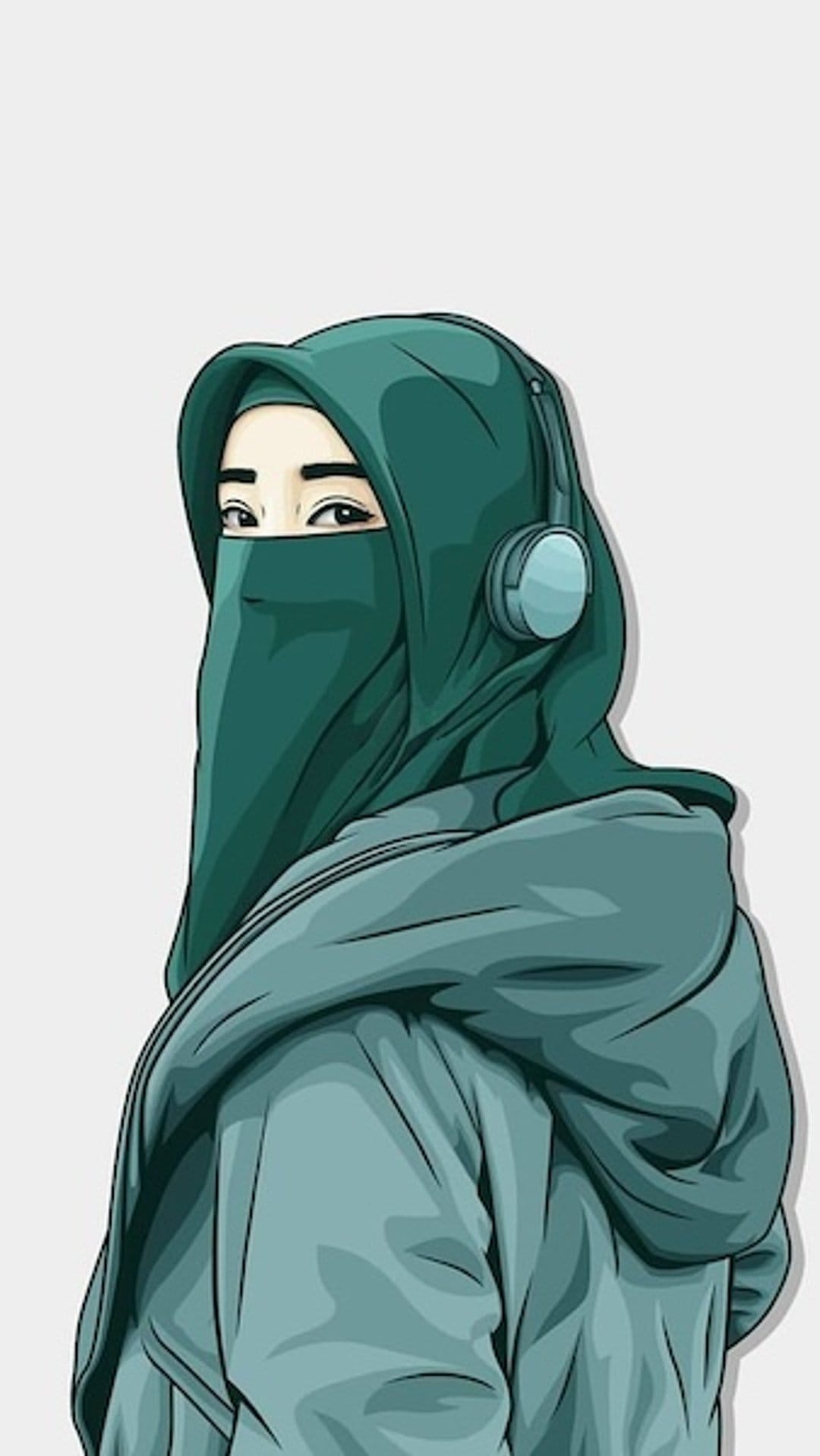 Woman wearing a green hijab, blue niqab, and blue headphones against a solid gray background in a profile view.