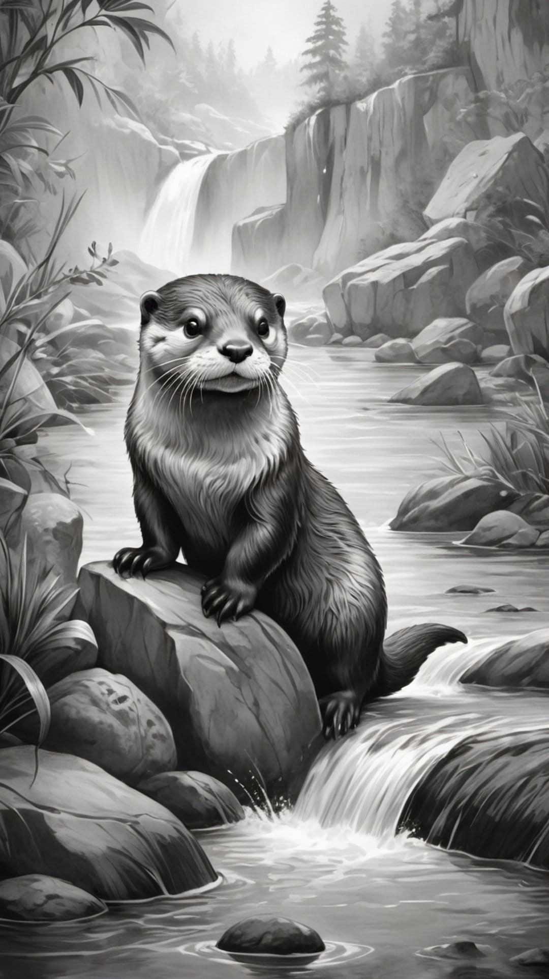 Otter with soft fur sitting on a mossy rock beside a cascading waterfall in a detailed grayscale landscape.