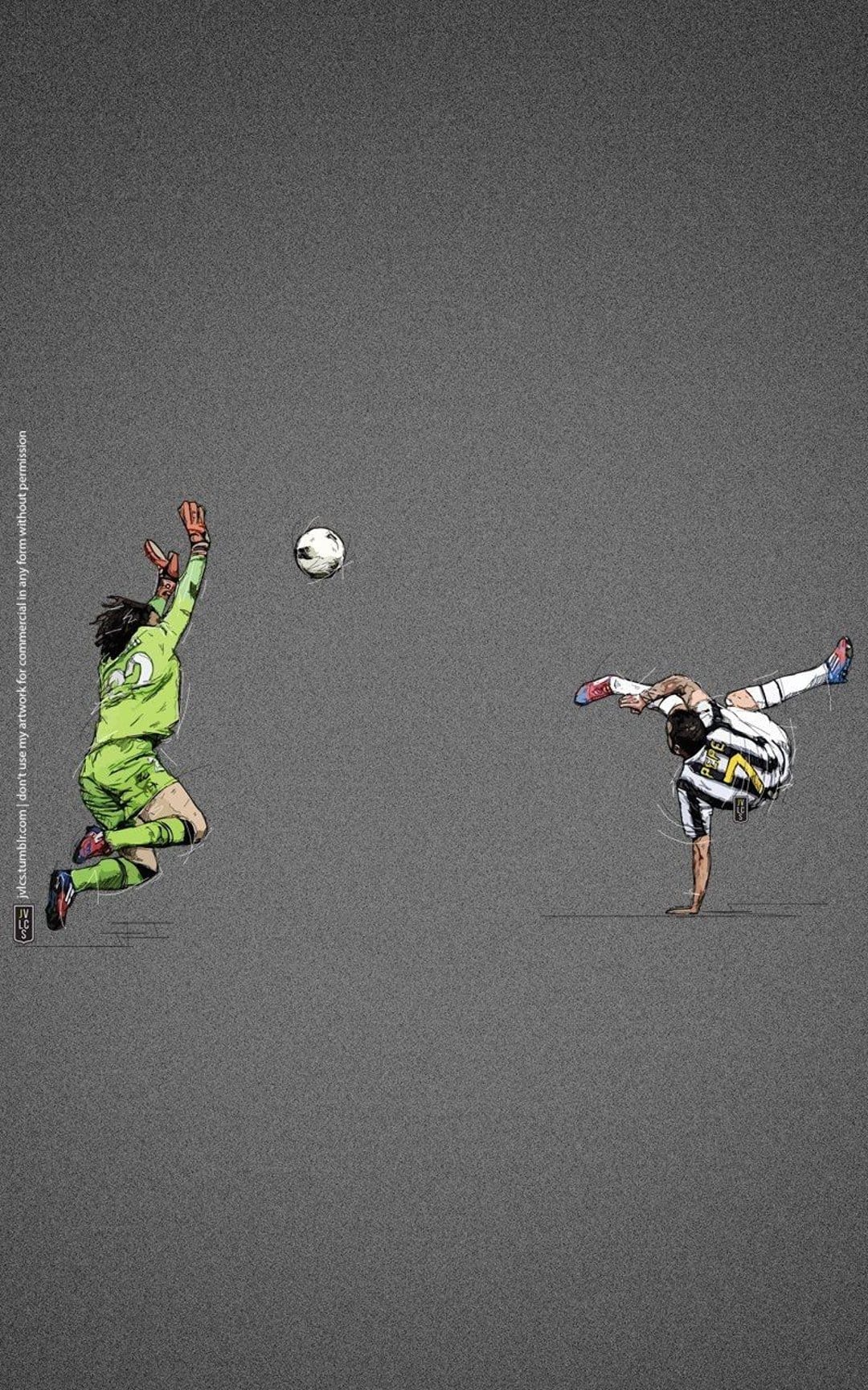 A soccer forward performs a bicycle kick while a goalkeeper in a green uniform leaps with outstretched red gloves.