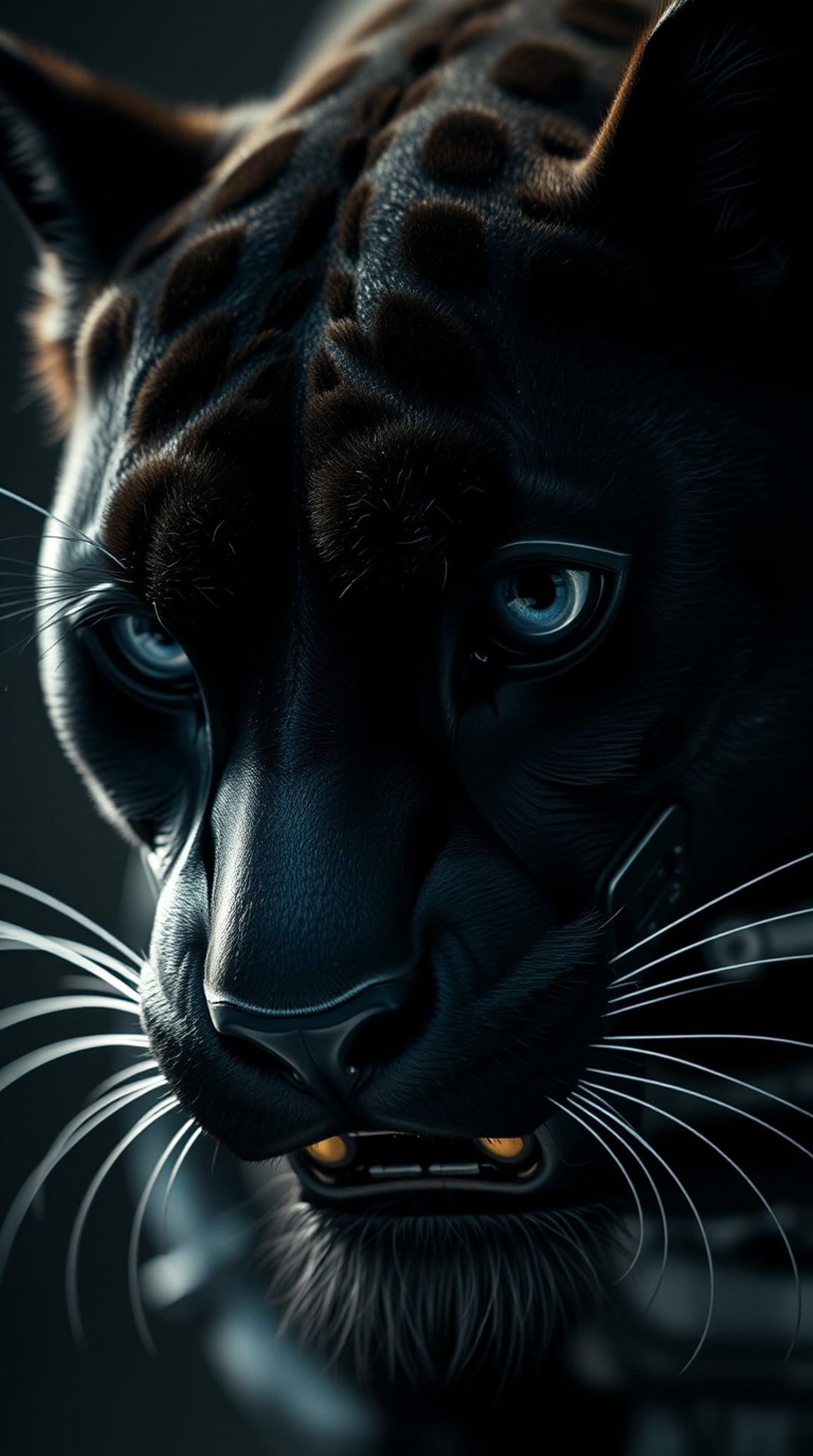 Black panther with piercing blue eyes and visible fangs shows detailed fur textures in a close-up animal portrait.