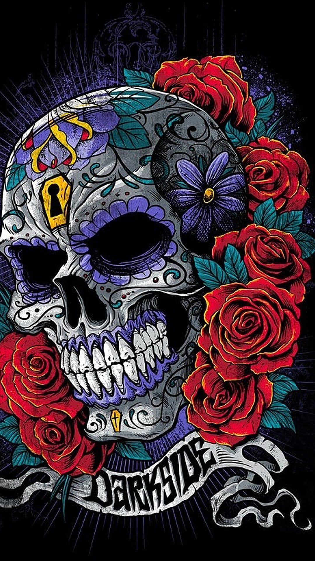 Ornate sugar skull with a yellow keyhole and purple flowers is surrounded by red roses and green leaves.