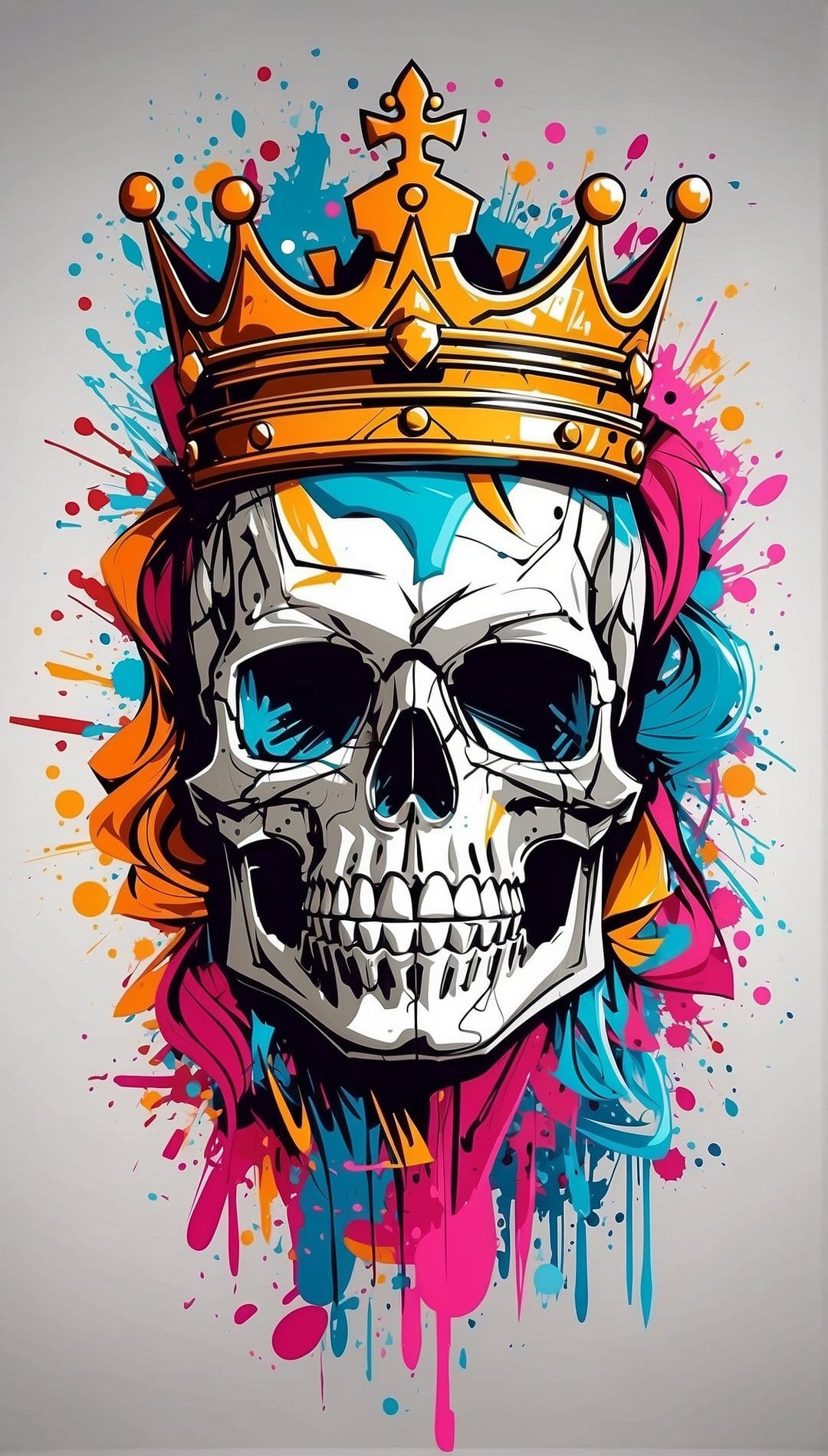 Human skull wearing a golden crown amid vibrant pink and blue paint splatters on a dark vertical background.
