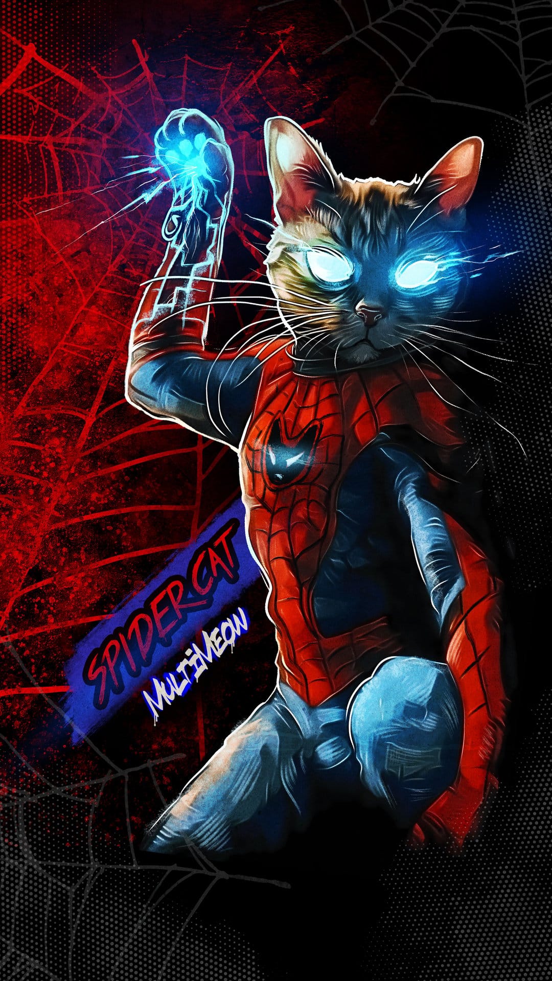 Cat dressed in a red and blue spider-man suit with glowing blue eyes and a web-like energy blast from its paw.