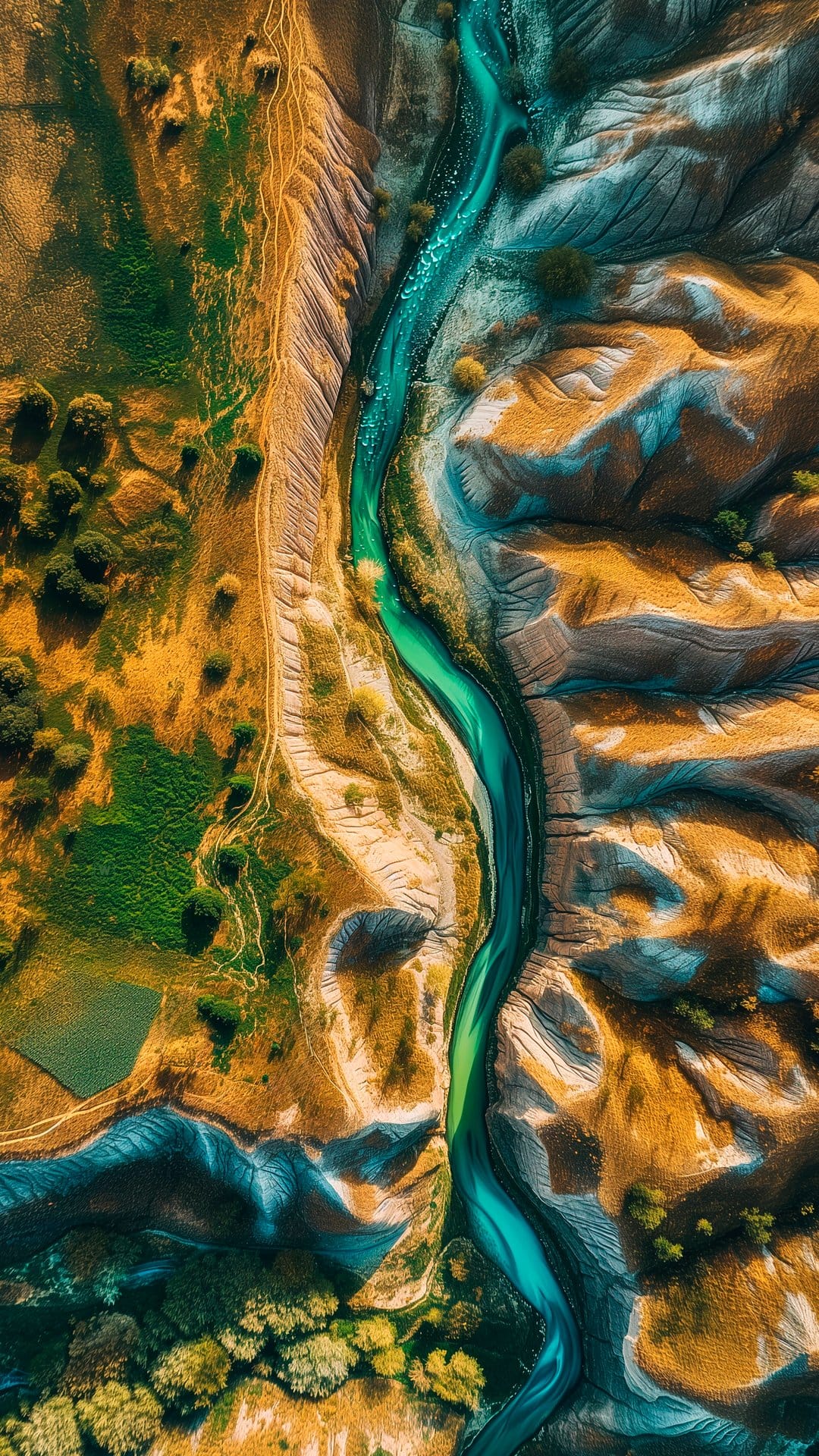 Winding turquoise river flows through a rugged tan desert landscape with visible erosion and sparse green shrubs.