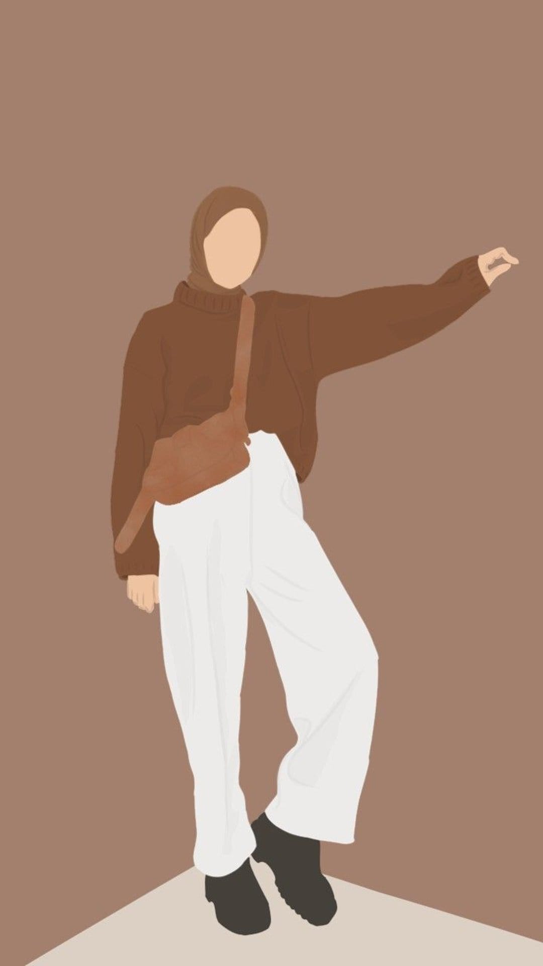 Hijabi woman in a brown knit sweater and white wide-leg trousers stands against a solid chocolate brown background.