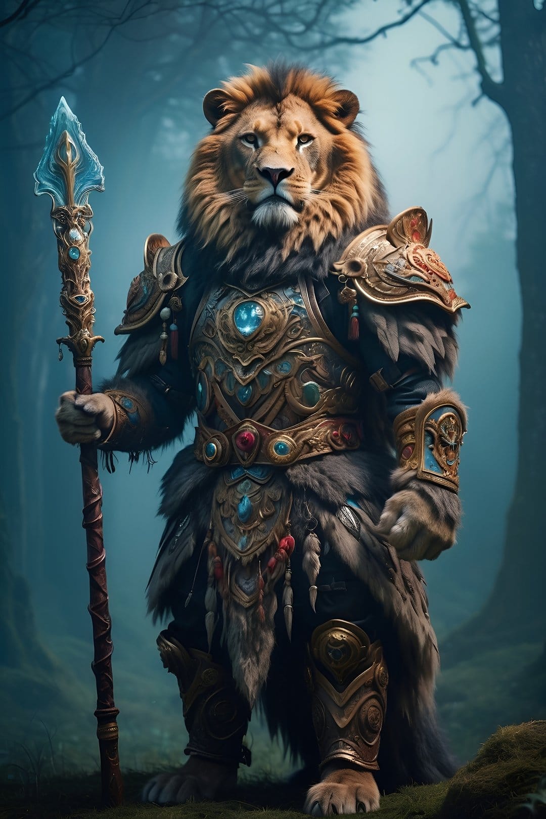 Lion warrior in gold and blue armor holds a glowing spear while standing in a misty forest with tall trees.
