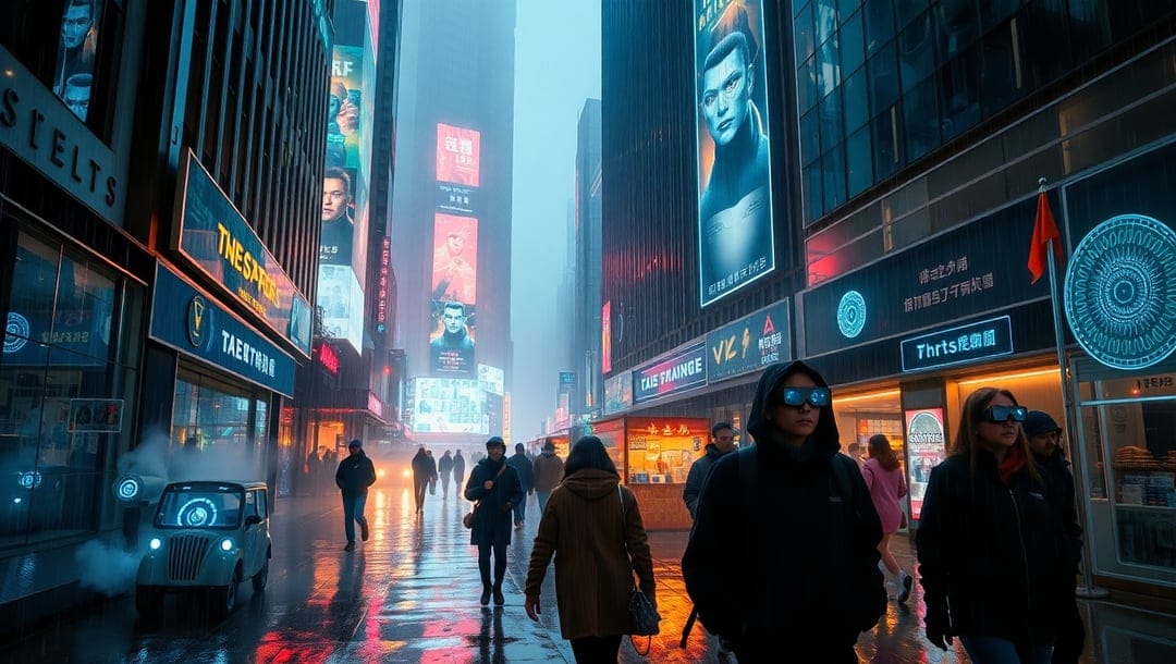 Futuristic electric cars navigate a rainy neon-lit city street lined with glowing digital billboards at night.