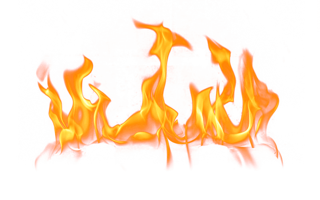 Realistic fire blaze features bright orange flickering tongues and glowing embers against a transparent background.