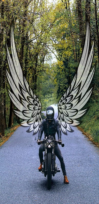 Angel Rider, alas, bike, biker, forest, camino, moto, motor, naturaleza, mobile wallpaper, android wallpaper, iPhone wallpaper, phone wallpaper