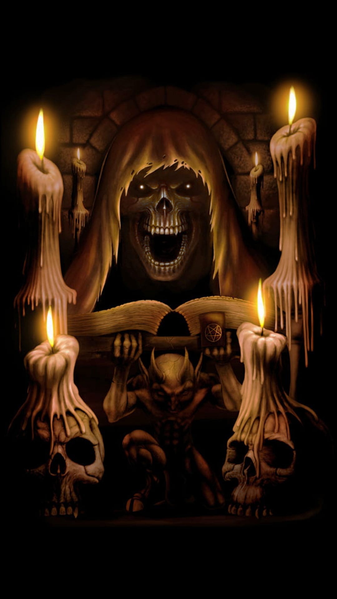 Hooded skeleton with glowing eyes stands over a pentagram book and lit skull candles in a dark ritual chamber.