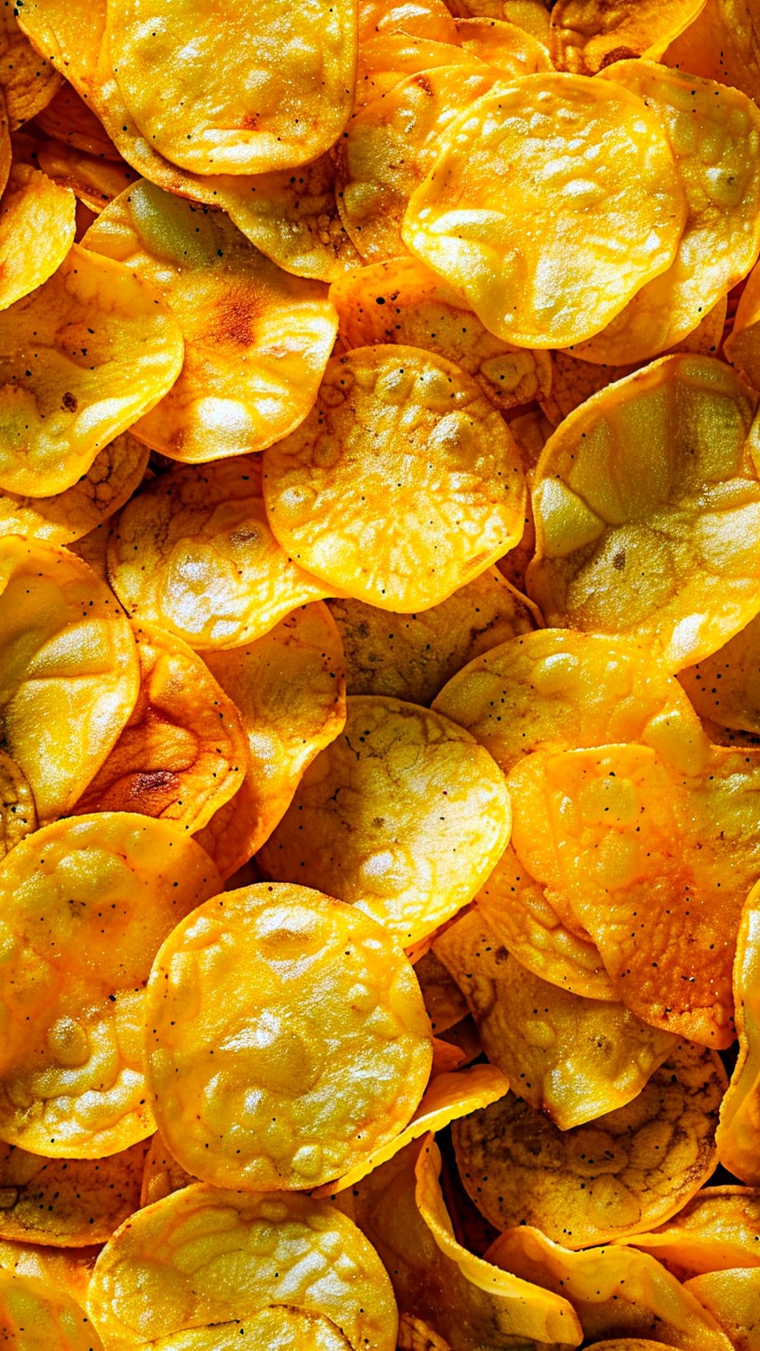 Salty golden potato chips with pepper bits show wavy edges and fried texture in a top-down macro perspective.