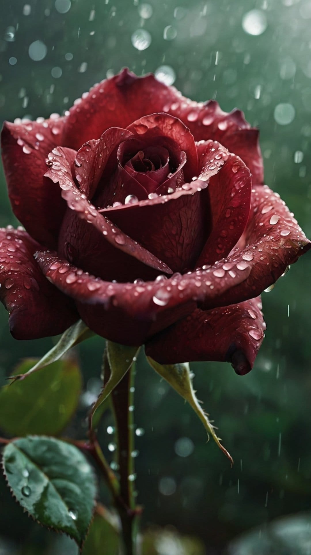 Dark red rose petals covered in shimmering water droplets against a blurred, moody botanical background.