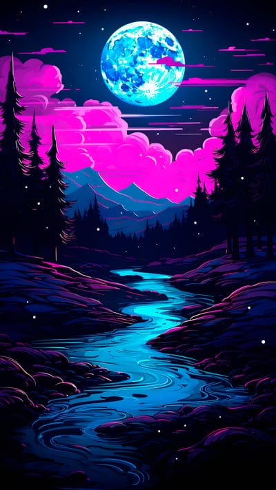 moon,mountains,night,river,trees,dark,art