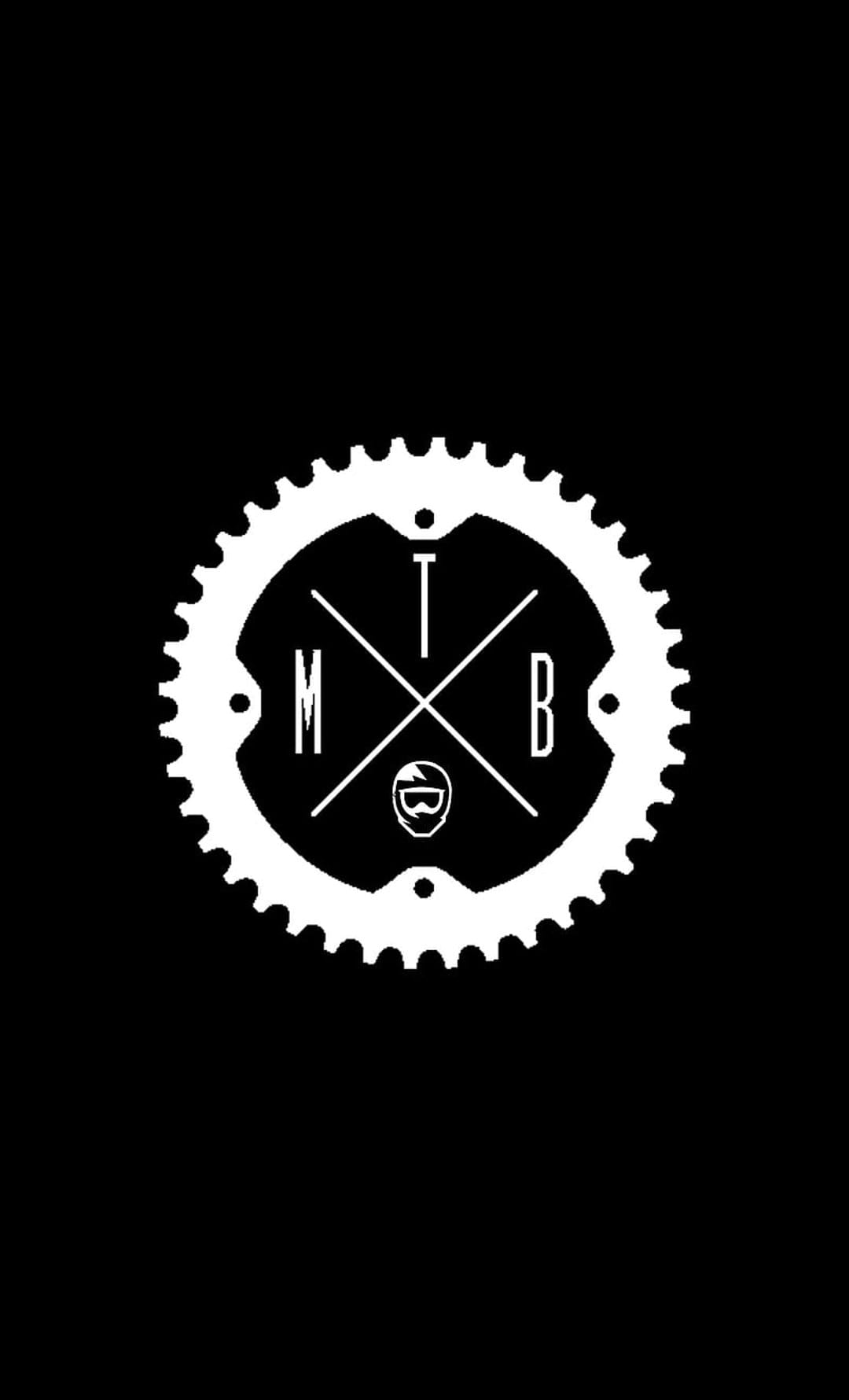 White MTB mountain bike gear logo and helmet icon centered on a solid black background for a mobile display.