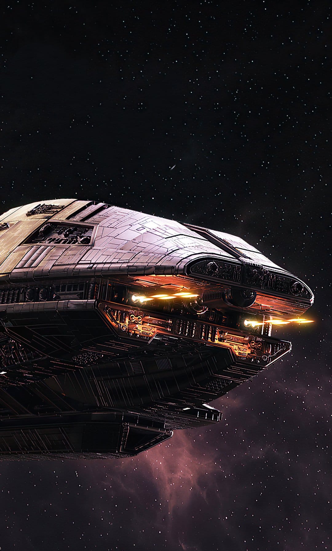 Detailed sci-fi starship with glowing orange ports cruising through a starry purple nebula in deep space.