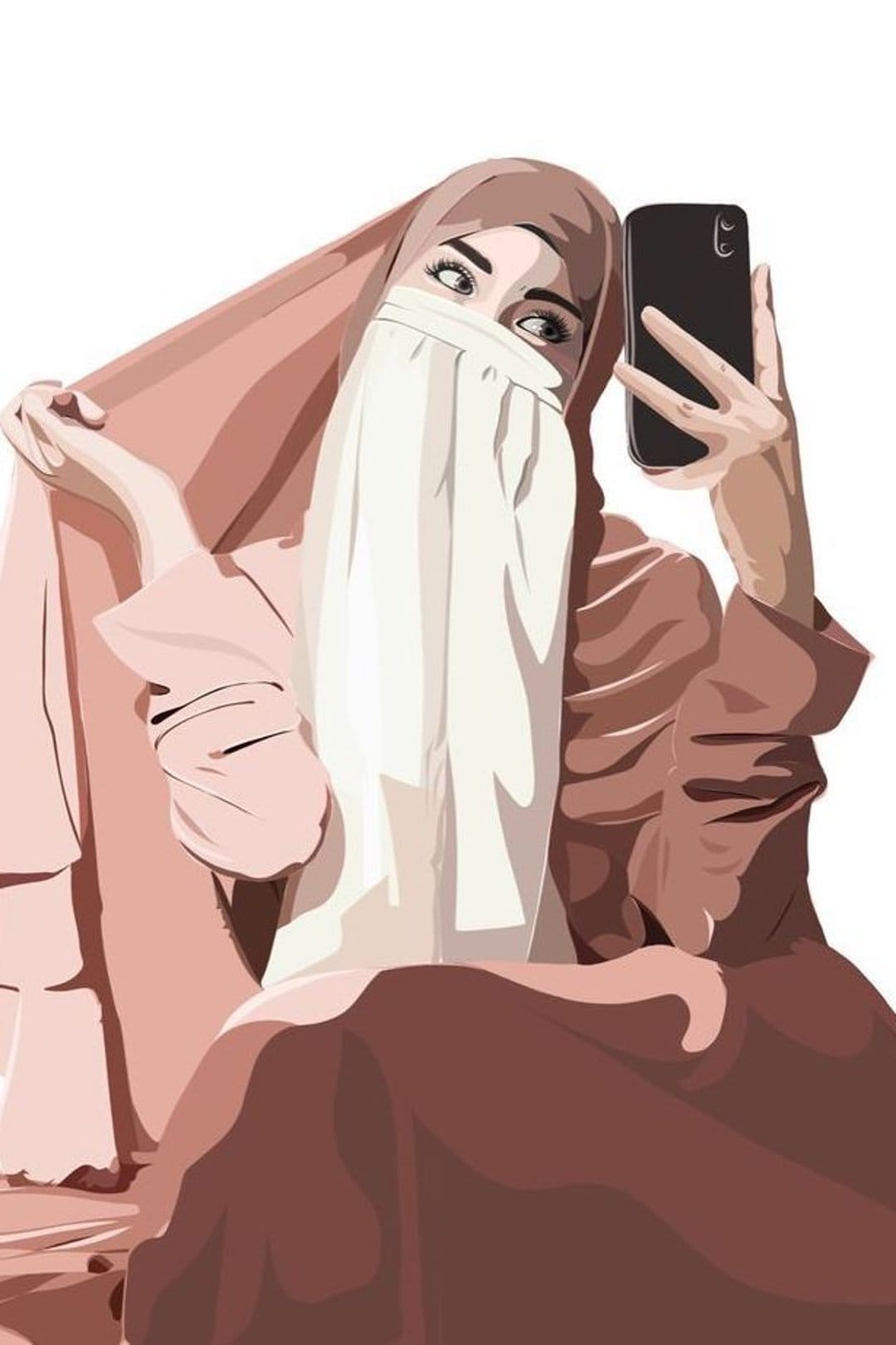 Woman in a pink hijab and white niqab holds a smartphone to take a selfie while grasping her headscarf.