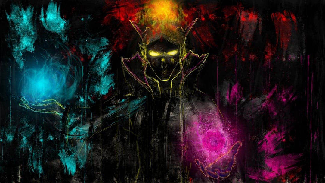 Dark sorcerer with glowing yellow eyes channeling blue and pink magic energy against a textured black background.