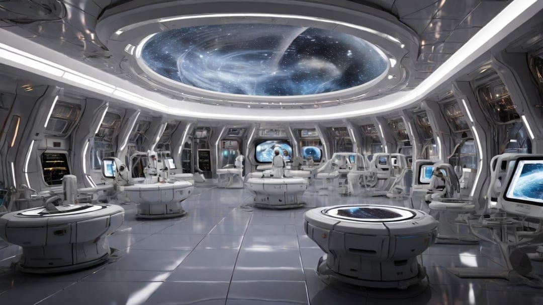 Futuristic space laboratory with white workstations and a glowing blue holographic nebula map on the ceiling.