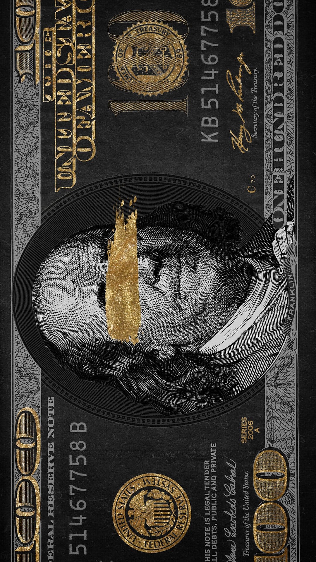 Benjamin Franklin portrait on a black hundred dollar bill featuring a vertical metallic gold paint stroke.